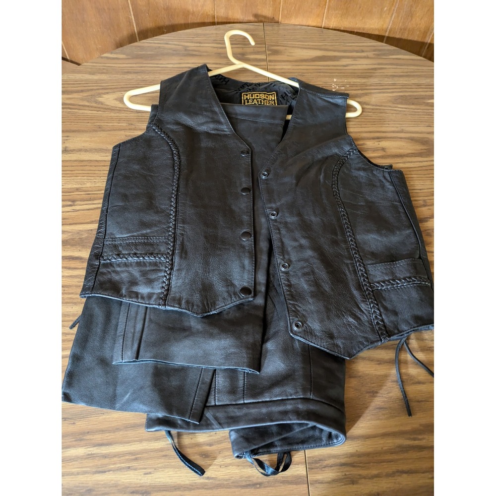 Hudson Leather Womens Black Biker Vest and Pants Set Braided Trim Size L  Combo